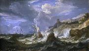 A ship wrecked in a storm off a rocky coast Pieter Meulener